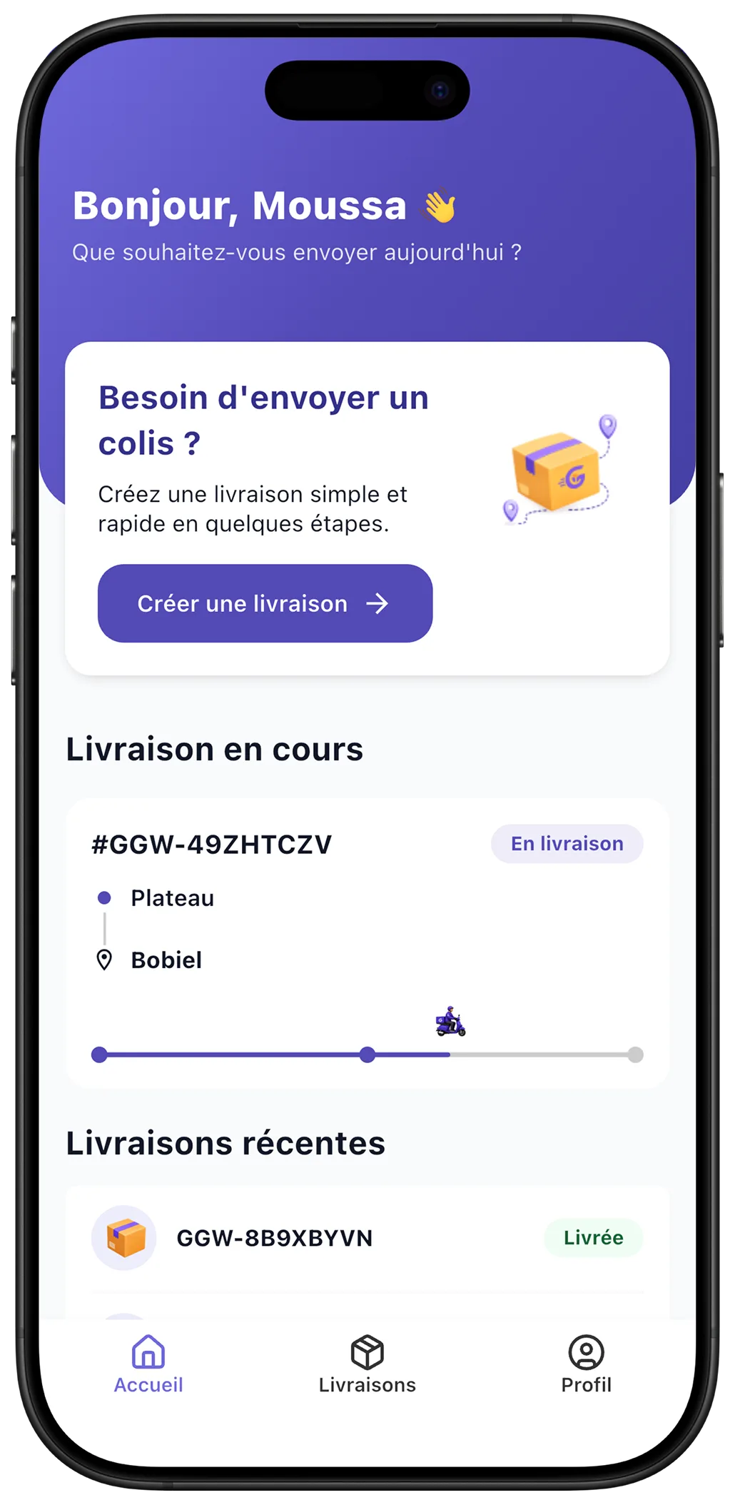 Écran d’accueil de l’application Gaggawa